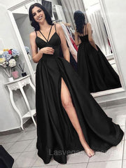 A-Line/Princess Spaghetti Straps Sweep Train Satin Evening Dresses With Pockets