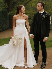 A-Line/Princess Strapless Cathedral Train Stretch Crepe Wedding Dresses With Leg Slit