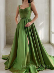 A-Line/Princess Straps Court Train Satin Prom Dresses With Pockets