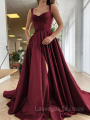 A-Line/Princess Straps Court Train Satin Prom Dresses With Pockets