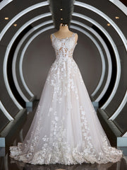 A-Line/Princess Straps Court Train Tulle Wedding Dresses with Appliques Lace