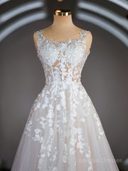 A-Line/Princess Straps Court Train Tulle Wedding Dresses with Appliques Lace