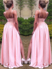 A-Line/Princess Straps Floor-Length Stretch Crepe Prom Dresses With Leg Slit