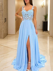 A-Line/Princess Straps Sweep Train Chiffon Prom Dresses With Leg Slit