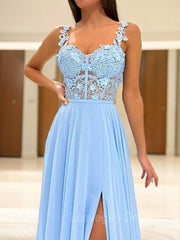 A-Line/Princess Straps Sweep Train Chiffon Prom Dresses With Leg Slit