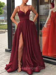 A-Line/Princess Straps Sweep Train Satin Prom Dresses With Leg Slit