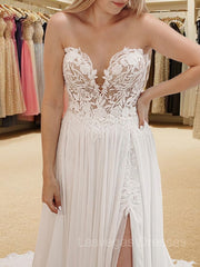 A-Line/Princess Sweetheart Chapel Train Chiffon Wedding Dresses With Leg Slit