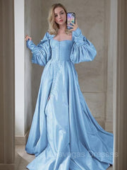 A-Line/Princess Sweetheart Sweep Train Satin Prom Dresses With Ruffles