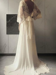 A-Line/Princess V-neck Court Train Lace Wedding Dresses With Belt/Sash