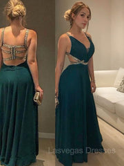 A-Line/Princess V-neck Floor-Length Chiffon Prom Dresses With Beading