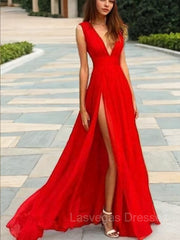 A-Line/Princess V-neck Floor-Length Chiffon Prom Dresses With Leg Slit