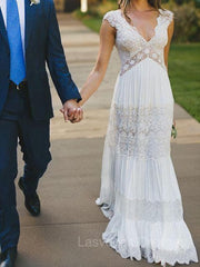 A-Line/Princess V-neck Floor-Length Lace Wedding Dresses