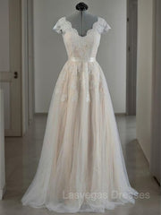 A-Line/Princess V-neck Floor-Length Lace Wedding Dresses With Appliques Lace