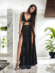 A-Line/Princess V-neck Floor-Length Sequins Prom Dresses With Leg Slit