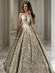 A-Line/Princess V-neck Floor-Length Sequins Prom Dresses With Ruffles