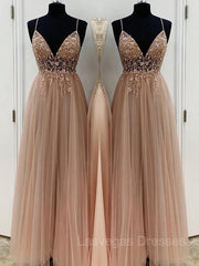 A-Line/Princess V-neck Floor-Length Tulle Prom Dresses With Beading