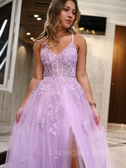 A-Line/Princess V-neck Floor-Length Tulle Prom Dresses With Leg Slit