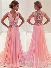 A-Line/Princess V-neck Sweep Train Chiffon Prom Dresses With Appliques Lace