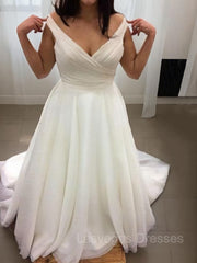 A-Line/Princess V-neck Sweep Train Chiffon Wedding Dresses