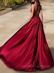 A-Line/Princess V-neck Sweep Train Elastic Woven Satin Evening Dresses With Leg Slit