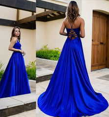 A-Line/Princess V-neck Sweep Train Elastic Woven Satin Prom Dresses With Pockets