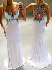 A-Line/Princess V-neck Sweep Train Jersey Prom Dresses With Rhinestone