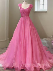 A-Line/Princess V-neck Sweep Train Organza Prom Dresses With Ruffles