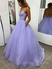 A-Line/Princess V-neck Sweep Train Prom Dresses With Pockets