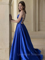 A-Line/Princess V-neck Sweep Train Satin Prom Dresses With Pockets