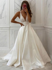 A-Line/Princess V-neck Sweep Train Satin Wedding Dresses