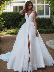 A-Line/Princess V-neck Sweep Train Satin Wedding Dresses With Leg Slit