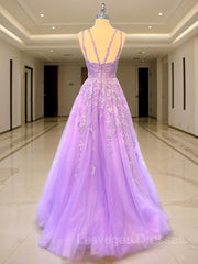 A-Line/Princess V-neck Sweep Train Tulle Prom Dresses With Appliques Lace