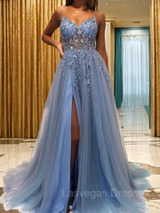 A-Line/Princess V-neck Sweep Train Tulle Prom Dresses With Leg Slit