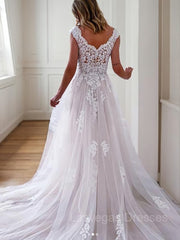 A-Line/Princess V-neck Sweep Train Tulle Wedding Dresses