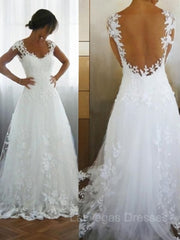 A-Line/Princess V-neck Sweep Train Tulle Wedding Dresses With Appliques Lace