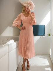 A-Line/Princess V-neck Tea-Length Chiffon Mother of the Bride Dresses With Ruffles