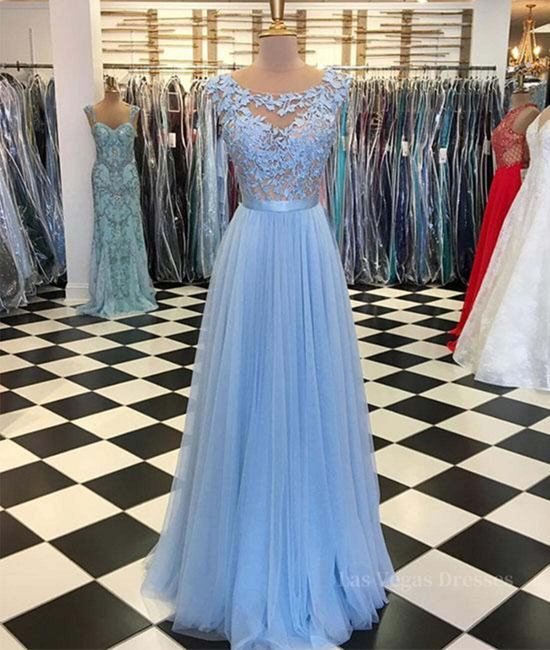 A Line Round Neck Blue Lace Appliques Tulle Long Prom Dresses, Blue Lace Graduation Dresses, Blue Evening Formal Dresses