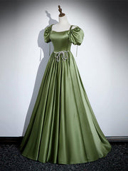 A-Line Satin Green Long Prom Dress, Green Formal Evening Dress