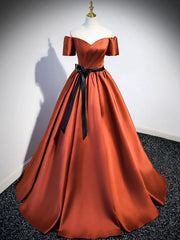 A Line Satin Orange Long Prom Dresses, Orange Formal Bridesmaid Dresses