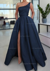 A Line Sleeveless One Shoulder Long Floor Length Satin Prom Dress With Split Ruffles Pockets