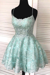 A-Line Spaghetti Straps Backless Mint Green Lace Short Prom Dress, Backless Mint Green Lace Formal Graduation Homecoming Dress