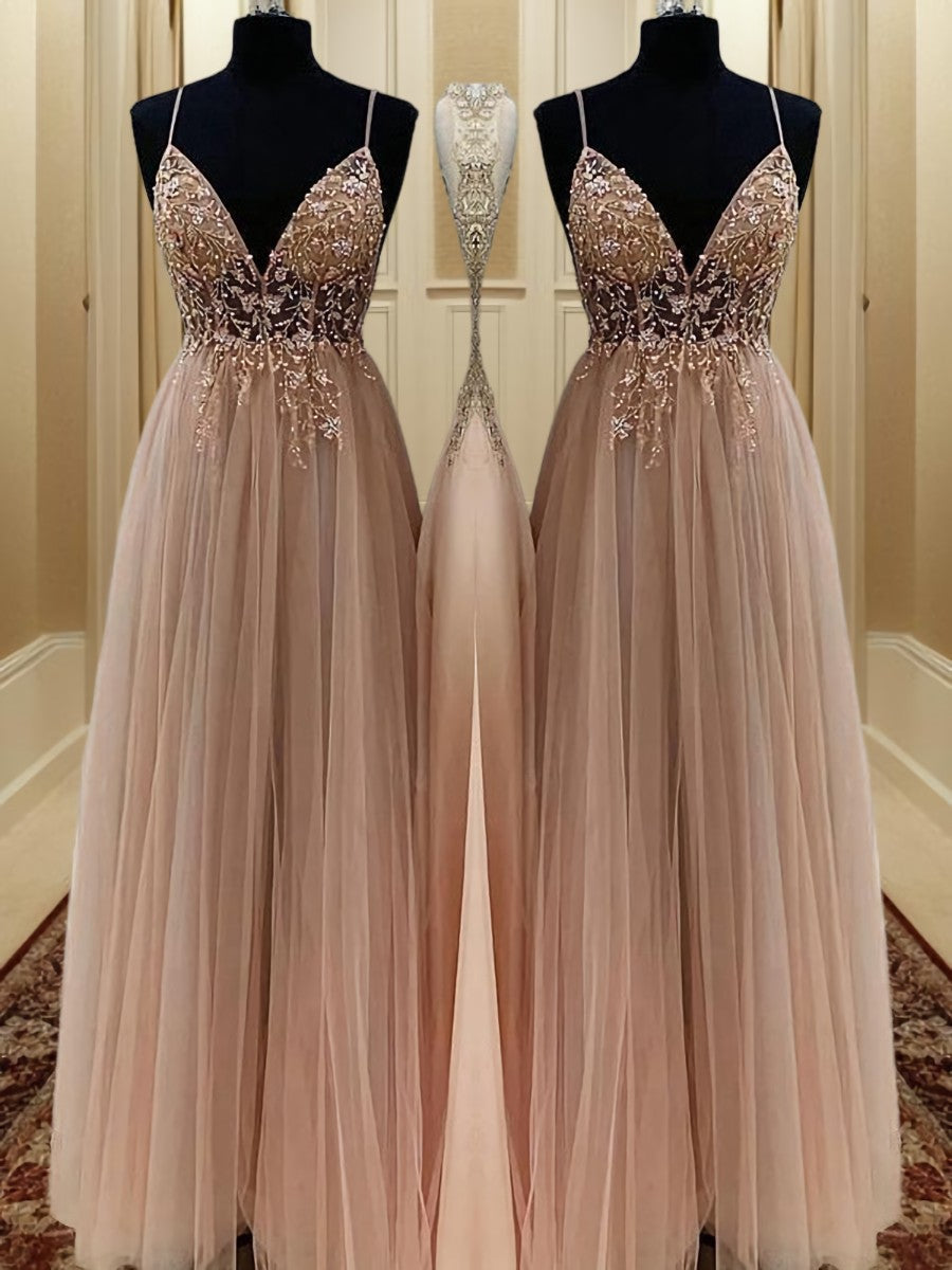 A-line Spaghetti Straps Beading Floor-Length Tulle Dress