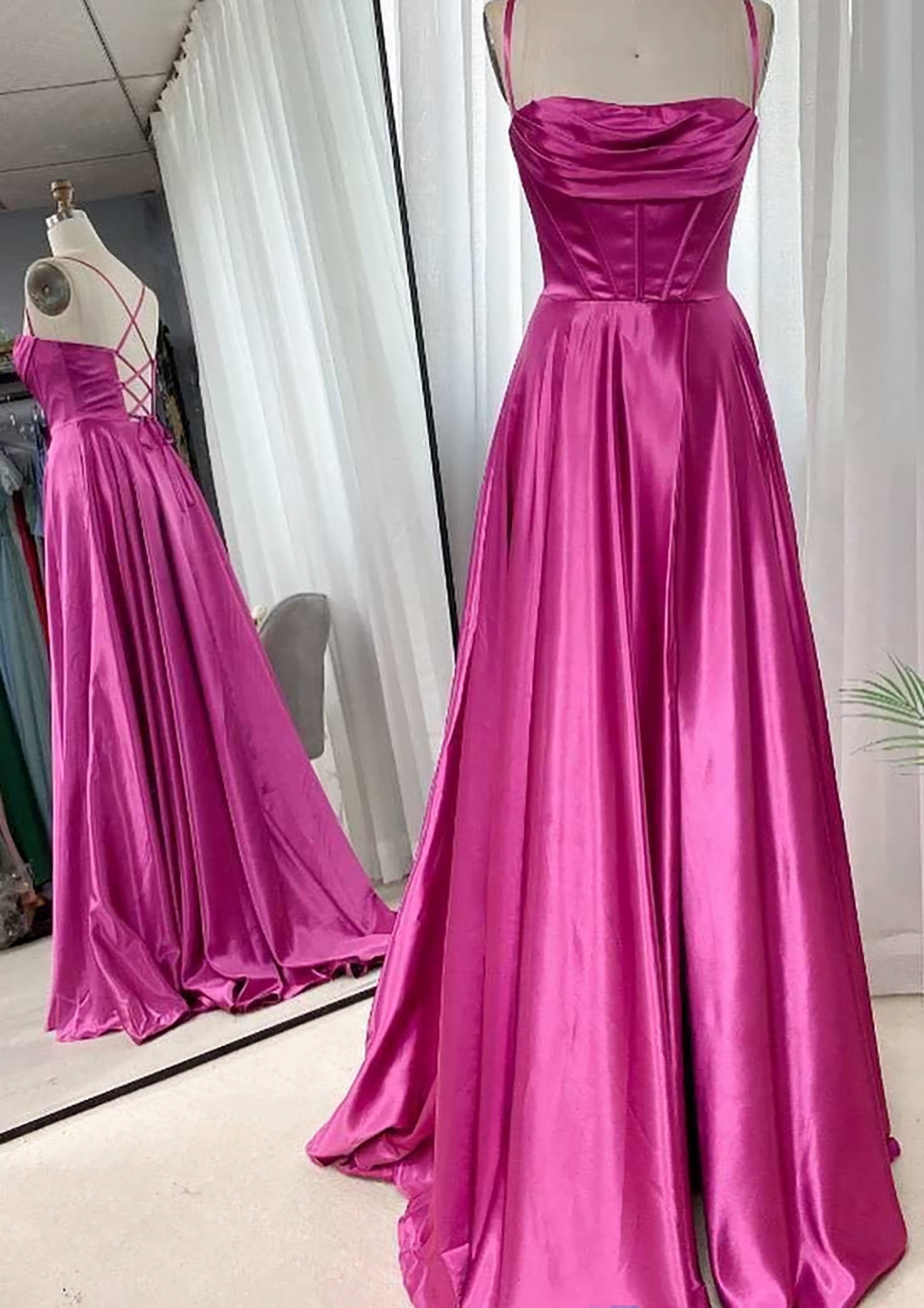 A Line Square Neckline Spaghetti Straps Sweep Train Charmeuse Prom Dress With Pleated