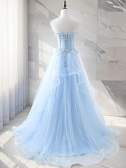 A-line Sweetheart Appliques Lace Sweep Train Tulle Dress