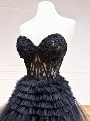 A-Line Sweetheart Neck Lace Black Long Prom Dress, Black Formal Dress