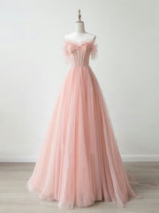 A-Line Sweetheart Neck Tulle Lace Pink Long Prom Dress, Pink Formal Dress