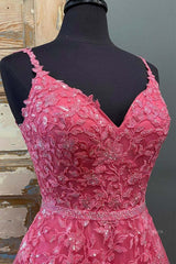 A Line V Neck Beaded Hot Pink Lace Long Prom Dress, Hot Pink Lace Formal Graduation Evening Dress