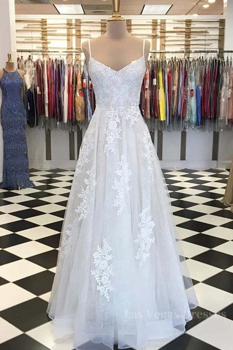 A Line V Neck Lace Appliques White Prom Dress Wedding Dress, White Lace Formal Dress, White Evening Dress