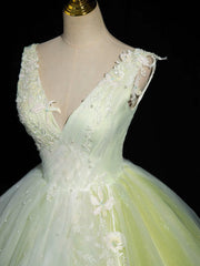 A-Line V Neck Lace Tulle Green Long Prom Dress, Green Sweet 16 Dress