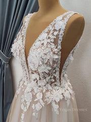 A Line V Neck Long Champagne Lace Wedding Dresses, Champagne Lace Long Formal Prom Dresses